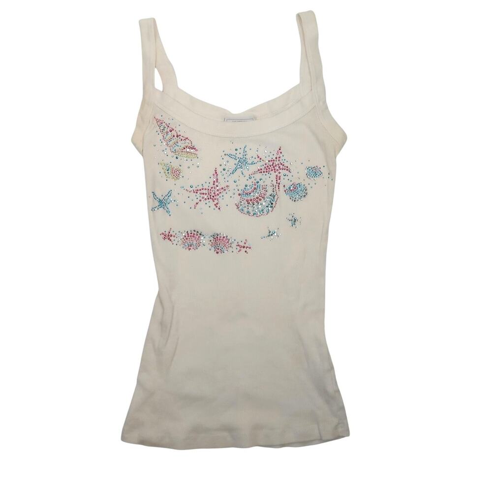 Vintage 90s Arizona Cream Seashell Starfish Sea Life Rhinestone Tank Top L